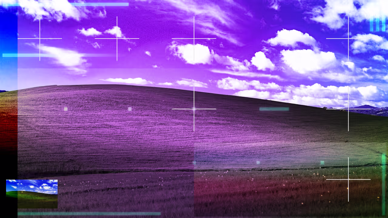 Abstract image of grassy hills overlaid with purple gradients and glowing fluorecent rectangles